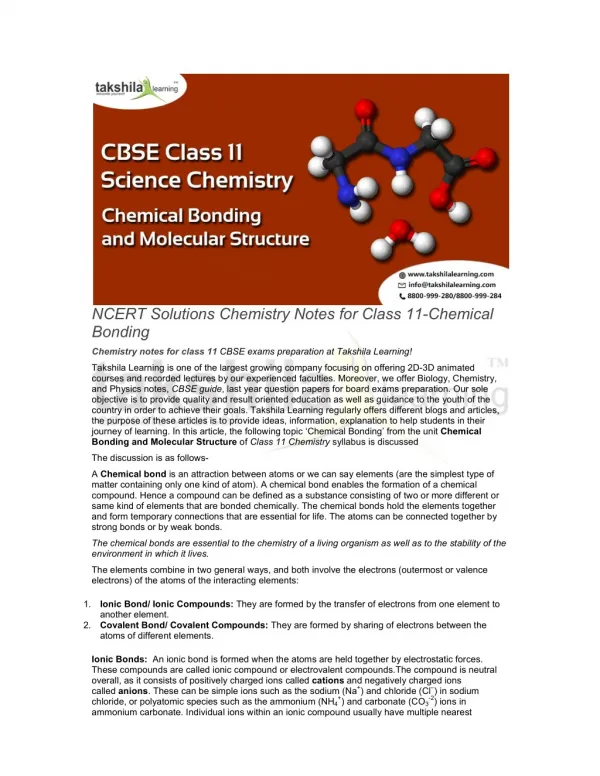   NCERT Solutions Chemistry notes for class 11-Chemical Bonding