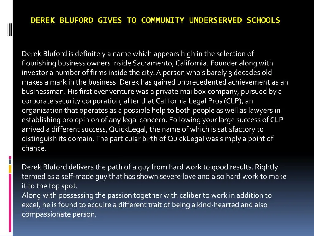 derek bluford gives to community underserved schools