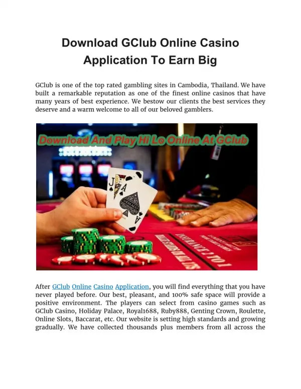 Download GClub Online Casino Application To Earn Big