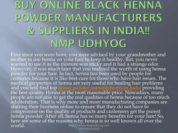 Buy Online Black Henna Powder Manufacturers & Suppliers in India!! NMP Udhyog