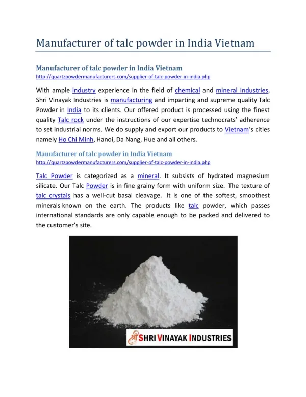 Manufacturer of talc powder in India Vietnam