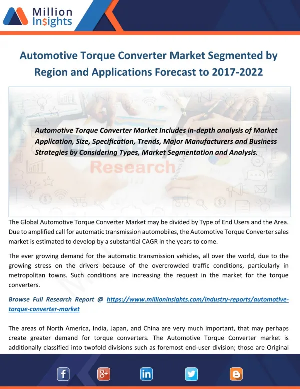 Automotive Torque Converter Market Segmented by Region and Applications Forecast to 2017-2022