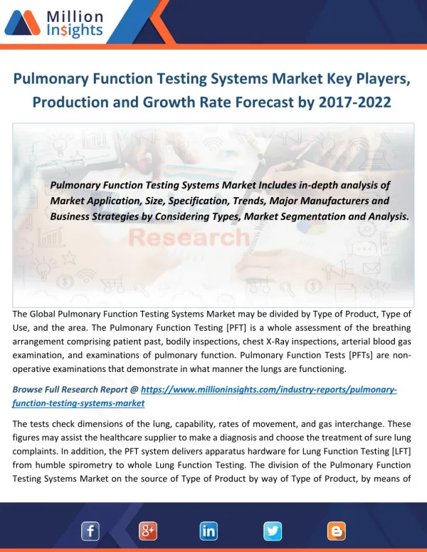 Pulmonary Function Testing Systems Market 2017: Manufacturers, Manufacturing cost and Forecast 2022