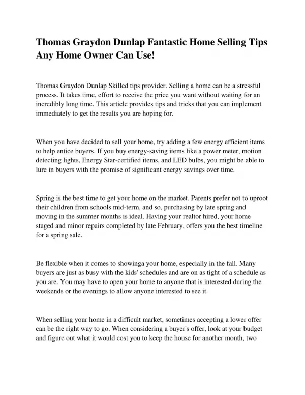 Thomas Graydon Dunlap Fantastic Home Selling Tips Any Home Owner Can Use!