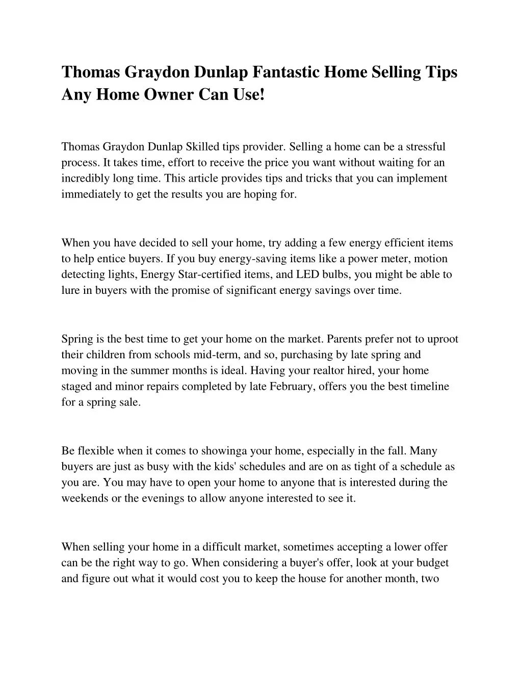 thomas graydon dunlap fantastic home selling tips