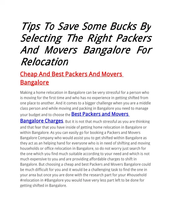 Tips To Save Some Bucks By Selecting The Right Packers And Movers Bangalore For Relocation