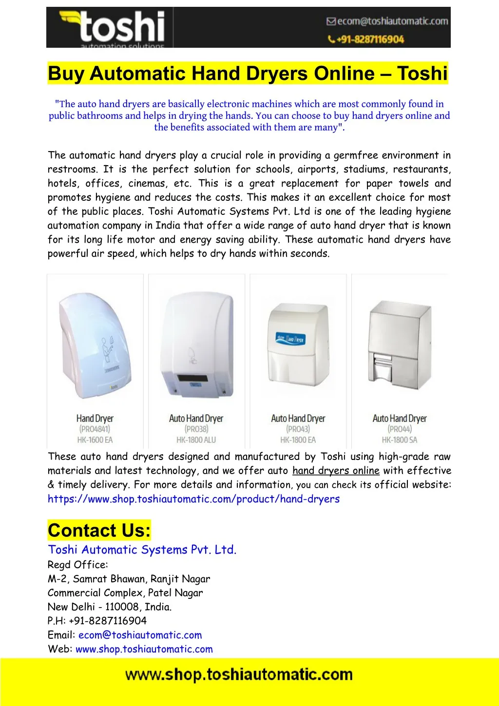 buy automatic hand dryers online toshi