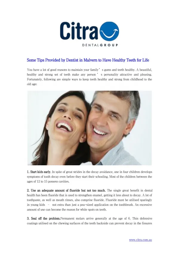 Some Tips Provided by Dentist in Malvern to Have Healthy Teeth for Life