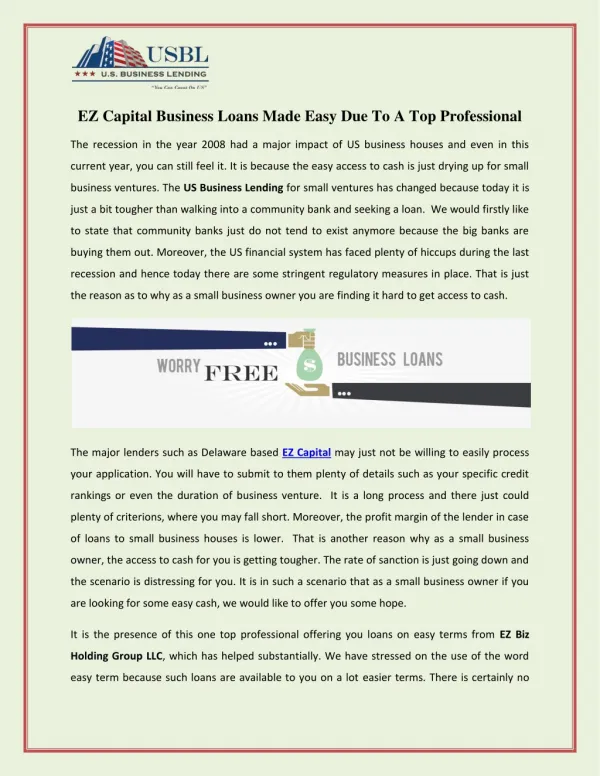 EZ Capital Business Loans Made Easy Due To A Top Professional