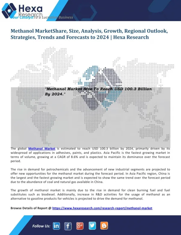 Global Methanol Market is Estimated to Reach $100.3 Billion by 2024