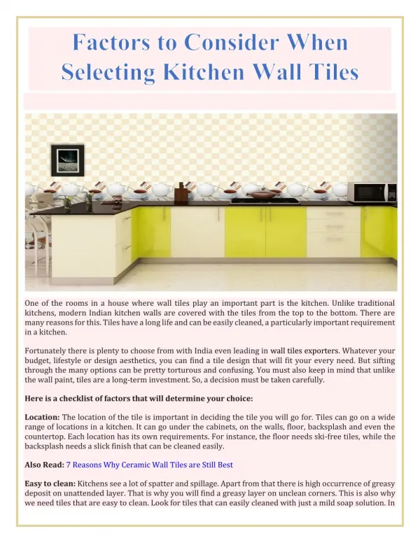Factors to Consider When Selecting Kitchen Wall Tiles