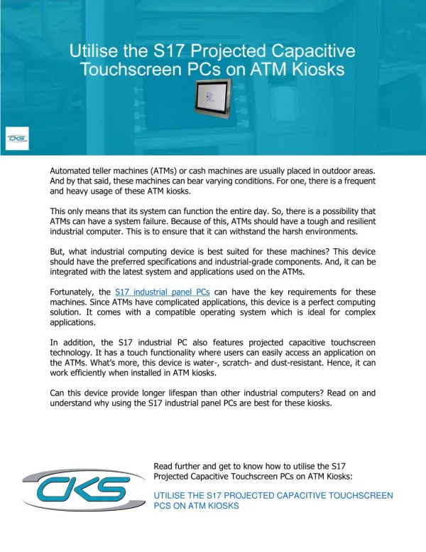 Utilise the S17 Projected Capacitive Touchscreen PCs on ATM Kiosks