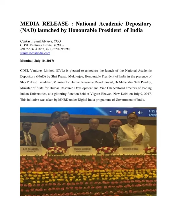 National Academic Depository (NAD) launched by Honourable President of India