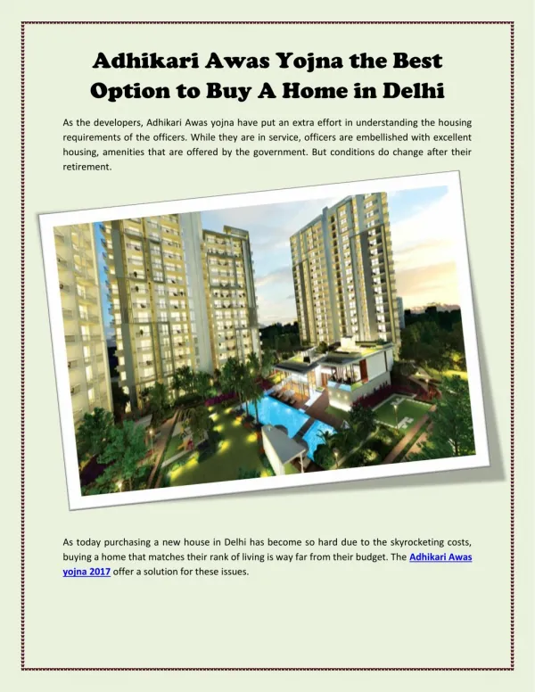 Adhikari Awas Yojna the Best Option to Buy A Home in Delhi