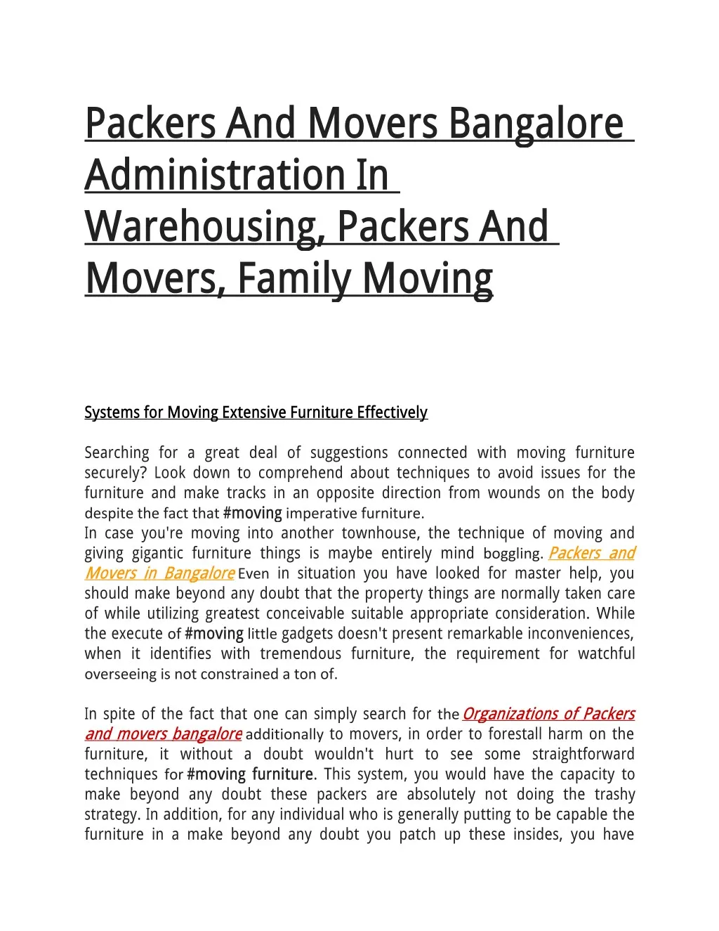 packers and movers bangalore administration