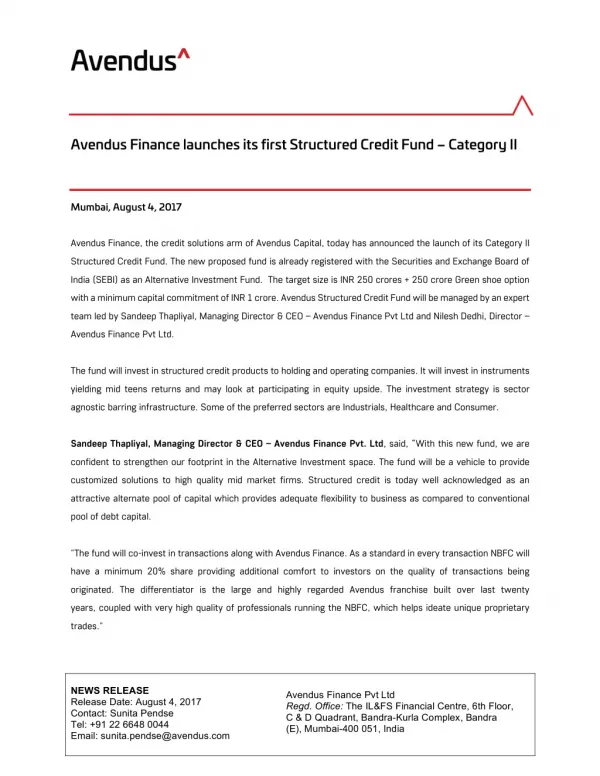 Avendus Finance launches its first Structured Credit Fund