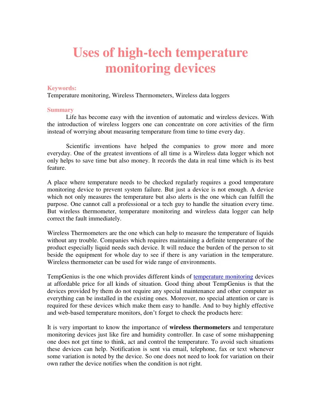 uses of high tech temperature monitoring devices