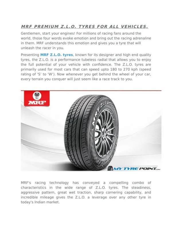 MRF PREMIUM Z.L.O. TYRES FOR ALL VEHICLES.