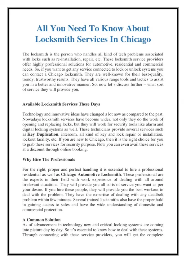 All You Need To Know About Locksmith Services In Chicago