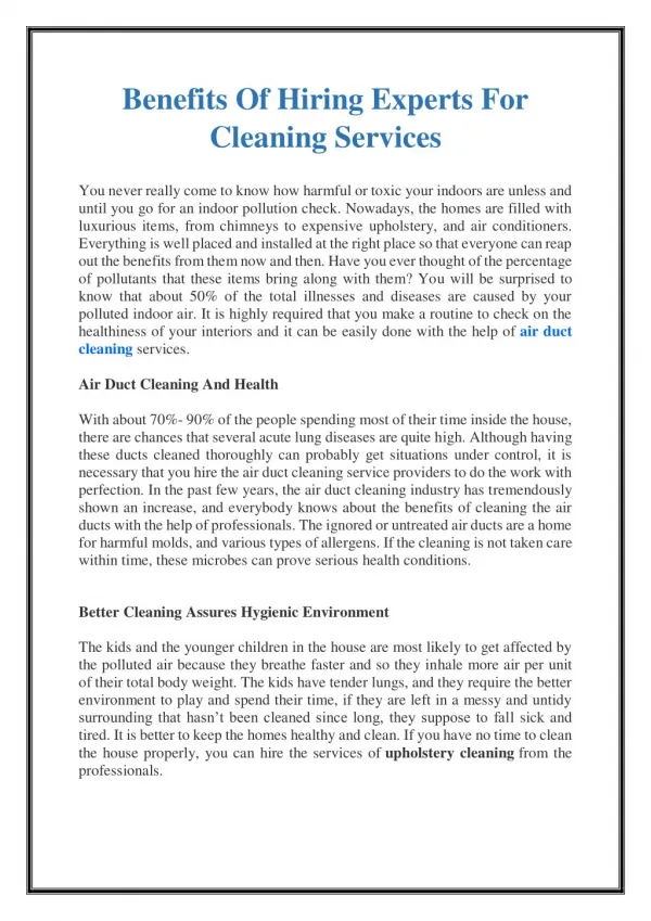 Benefits Of Hiring Experts For Cleaning Services