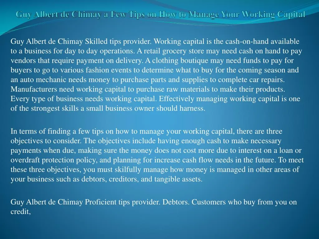 guy albert de chimay a few tips on how to manage your working capital