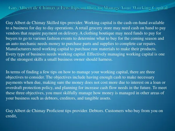Guy Albert de Chimay Working Capital Management