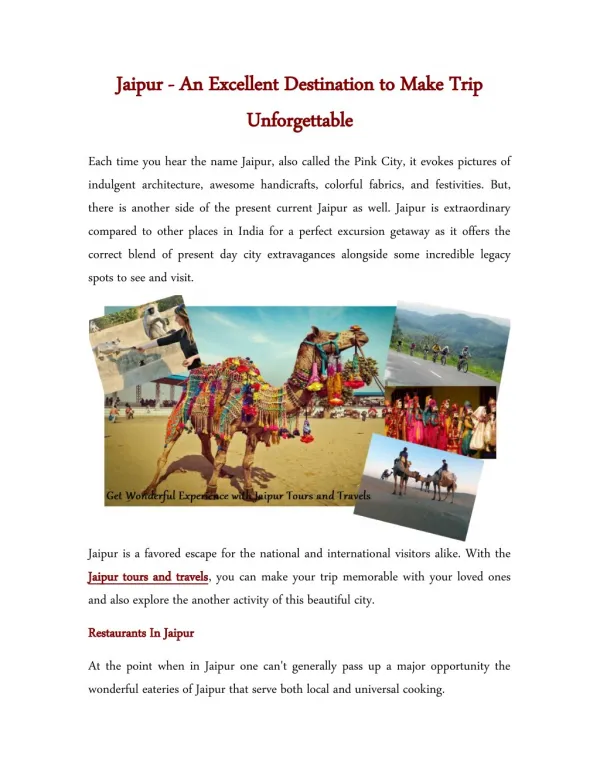 Jaipur - An Excellent Destination to Make Trip Unforgettable