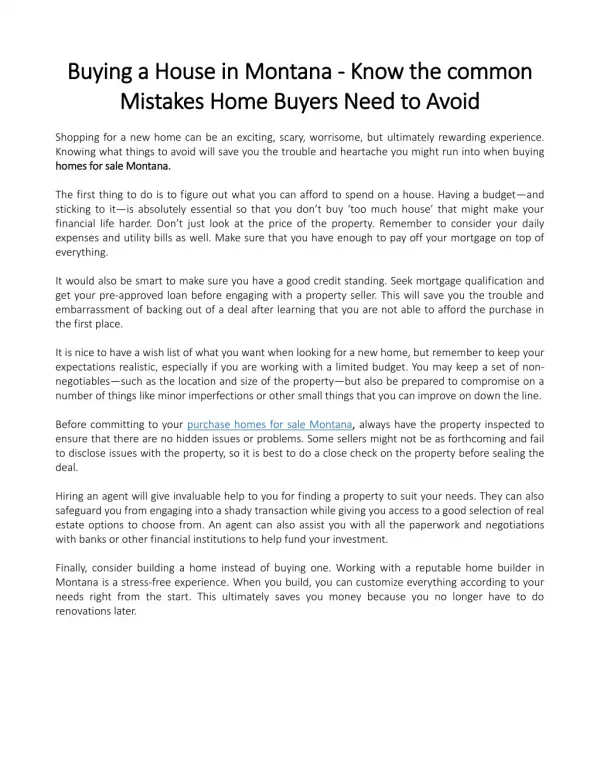 Buying a House in Montana - Know the common Mistakes Home Buyers Need to Avoid