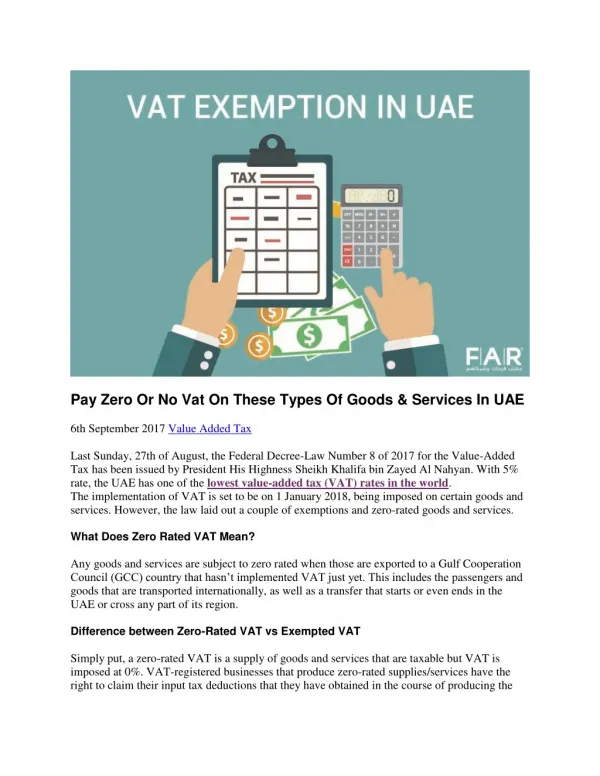 VAT in UAE | Goods & Services Under Zero Rated VAT & Exempted VAT