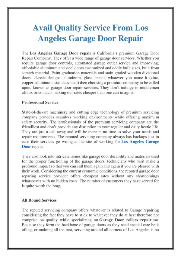 Avail Quality Service From Los Angeles Garage Door Repair.