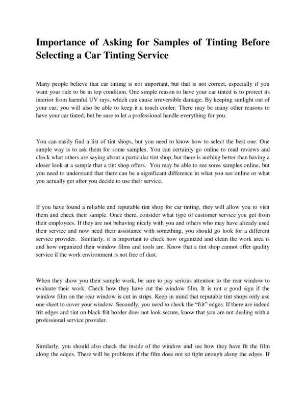 Importance of Asking for Samples of Tinting Before Selecting a Car Tinting Service