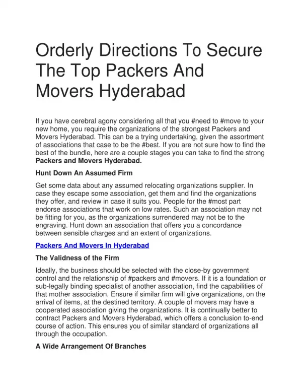 Orderly Directions To Secure The Top Packers And Movers Hyderabad