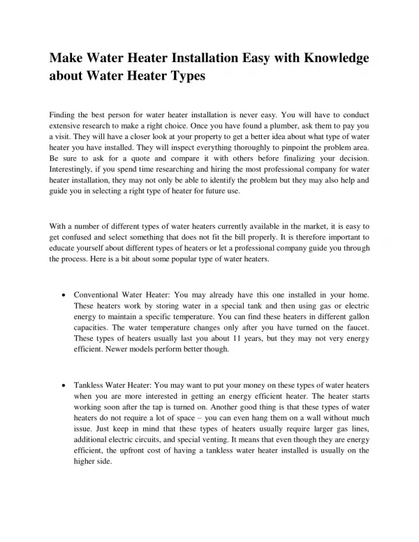 Make Water Heater Installation Easy with Knowledge about Water Heater Types