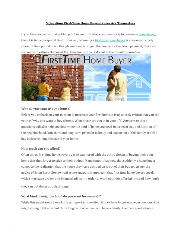 5 Questions First-Time Home Buyers Never Ask Themselves