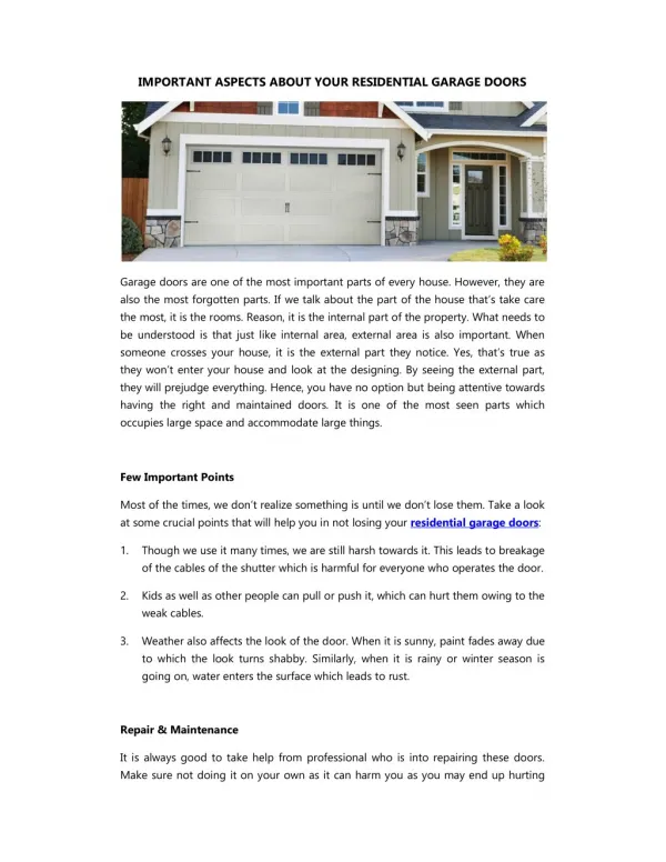 IMPORTANT ASPECTS ABOUT YOUR RESIDENTIAL GARAGE DOORS