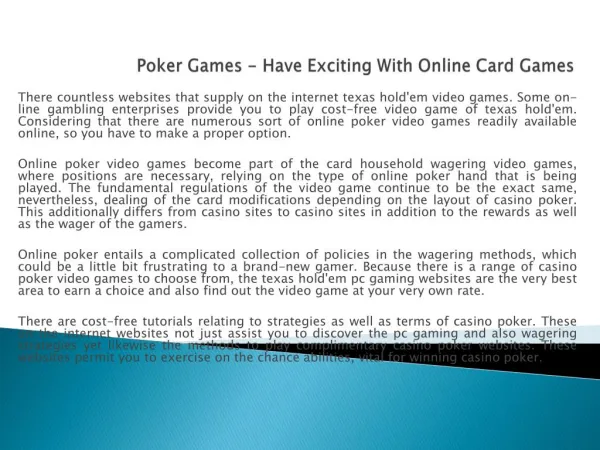 Poker Games - Have Exciting With Online Card
