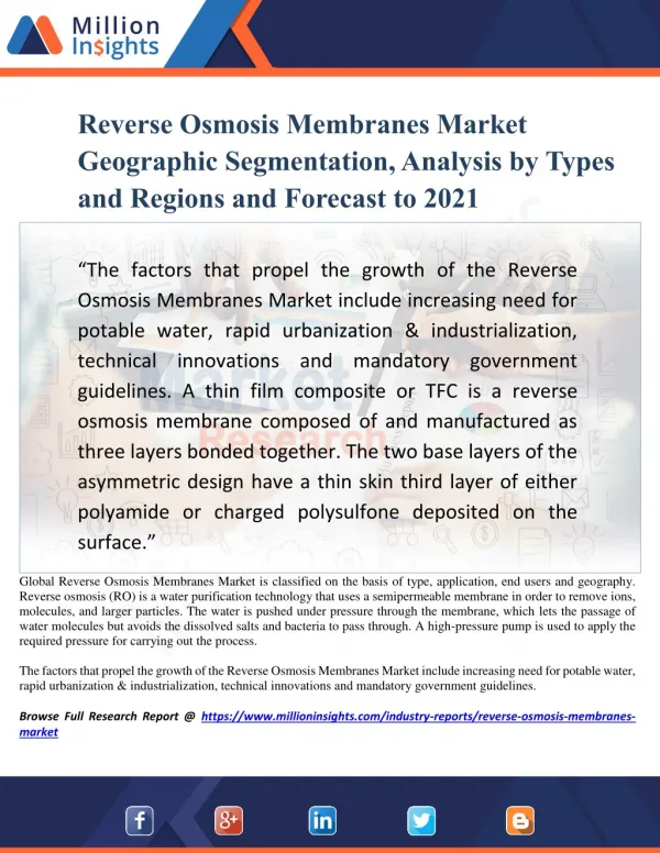 Reverse Osmosis Membranes Market Geographic Segmentation, Analysis by Types and Regions and Forecast to 2021