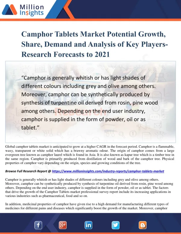 Camphor Tablets Market Potential Growth, Share, Demand and Analysis of Key Players- Research Forecasts to 2021