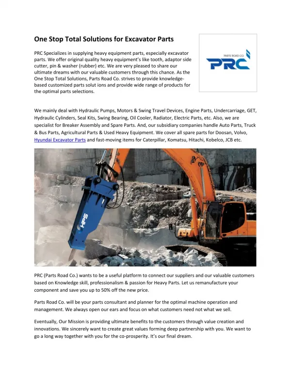 One Stop Total Solutions for Excavator Parts