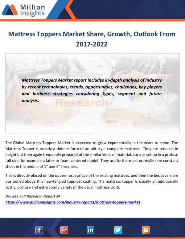 Mattress Toppers Market Trends, Analysis, Growth, Industry Outlook and Overview By Million Insights