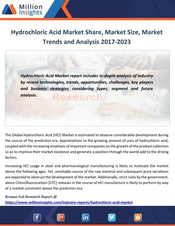 Hydrochloric Acid Market Analysis of Sales, Revenue, Share and Growth Rate 2017-2023
