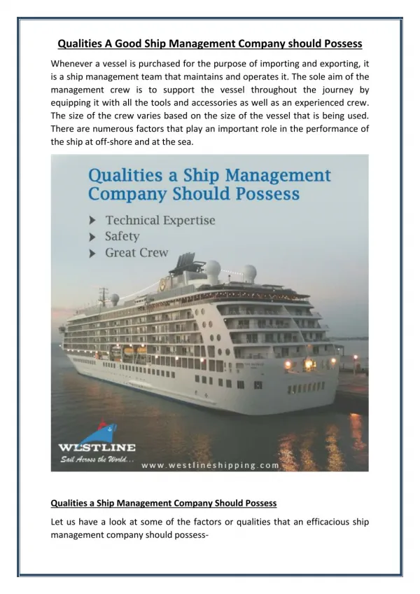 Some Function that Good Ship Management Companies Should Perform