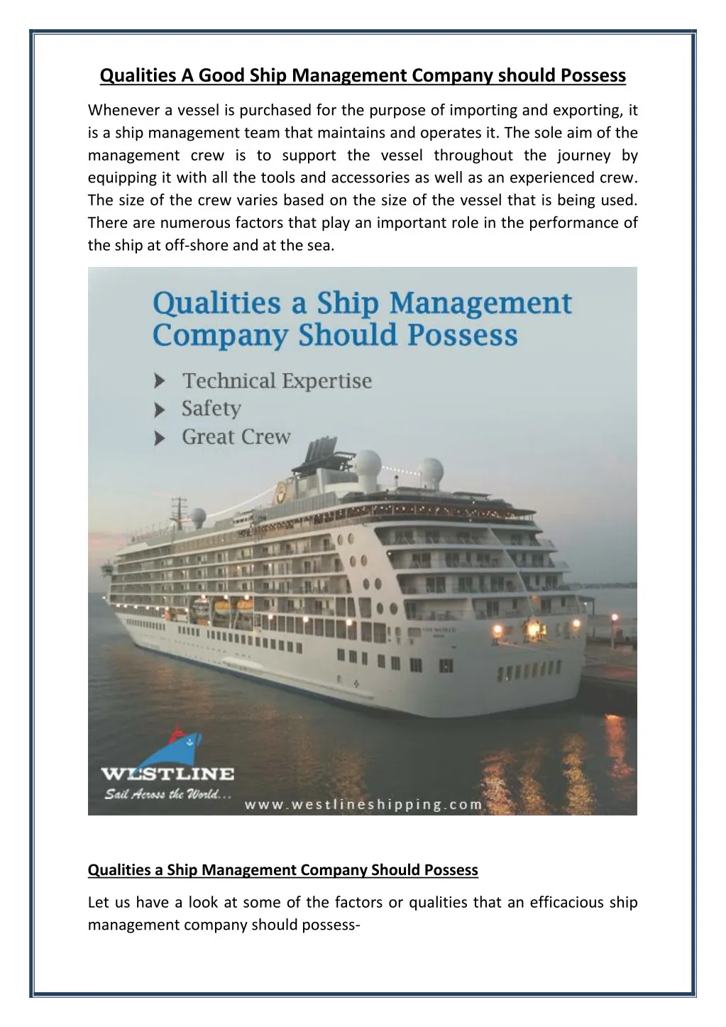 qualities a good ship management company should