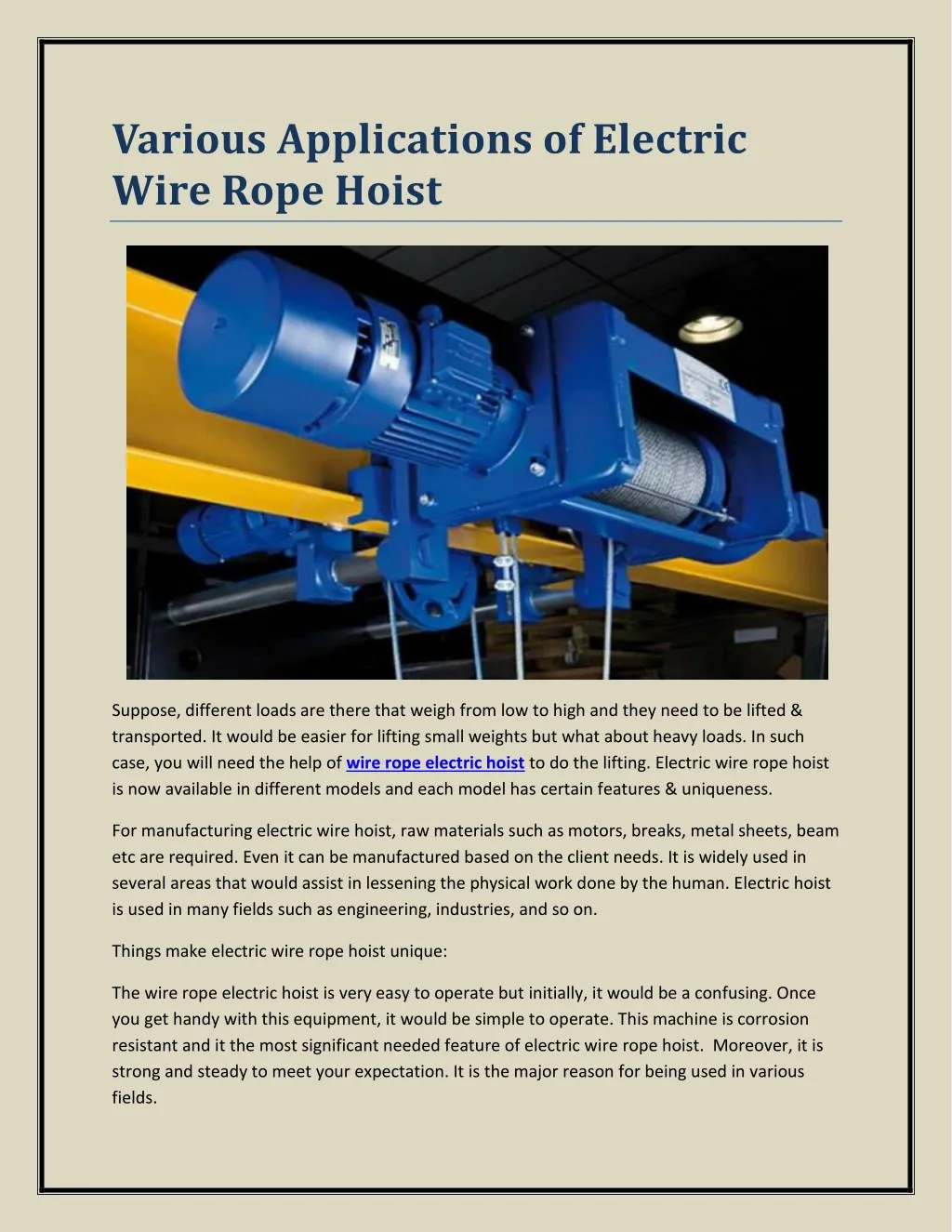 various applications of electric wire rope hoist