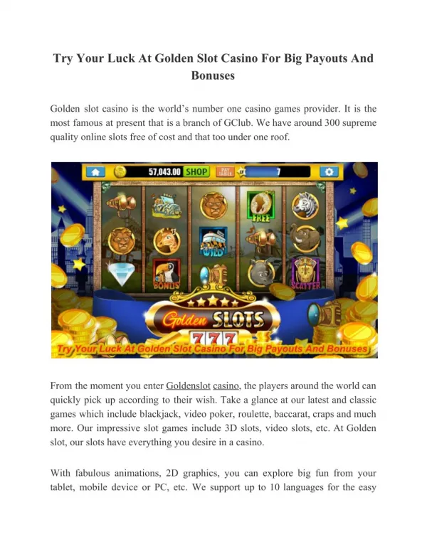 Try Your Luck At Golden Slot Casino For Big Payouts And Bonuses
