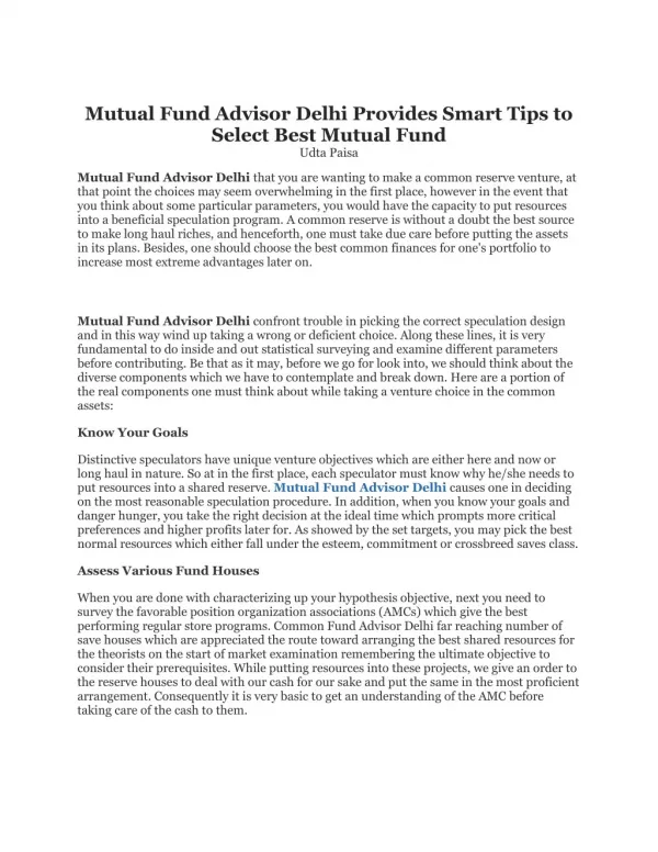 Mutual Fund Advisor Delhi Provides Smart Tips to Select Best Mutual Fund
