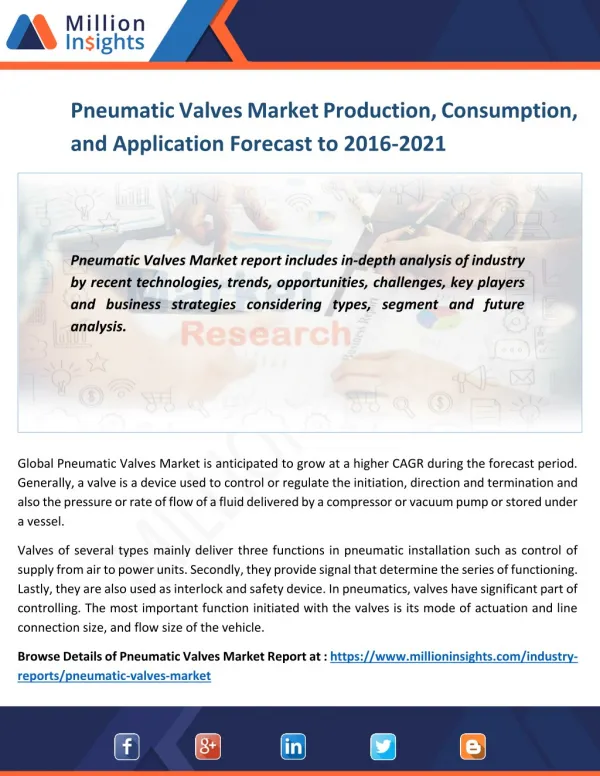 Pneumatic Valves Market Segment by Region and Applications Forecast by 2016-2021