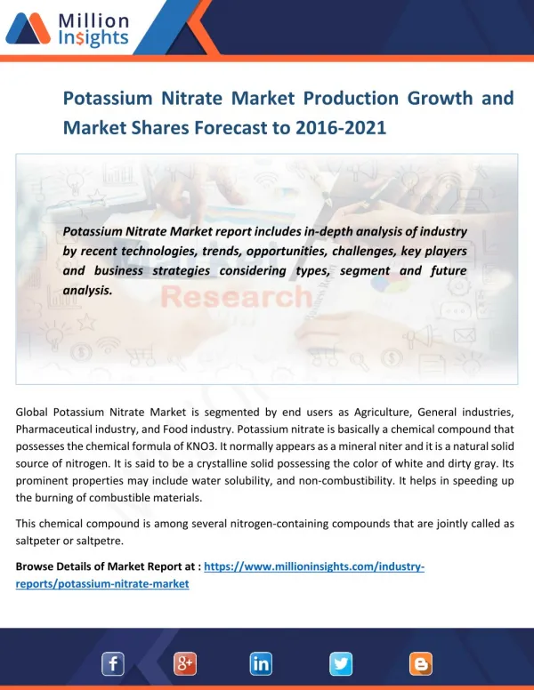 Potassium Nitrate Market 2016: Manufacturers, Manufacturing cost and Forecast 2021