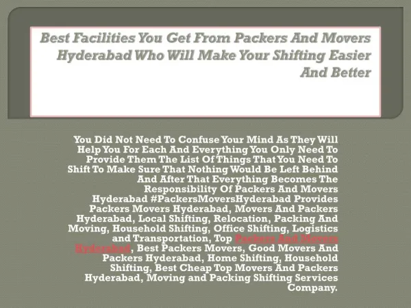 Best Facilities You Get From Packers And Movers Hyderabad Who Will Make Your Shifting Easier And Better