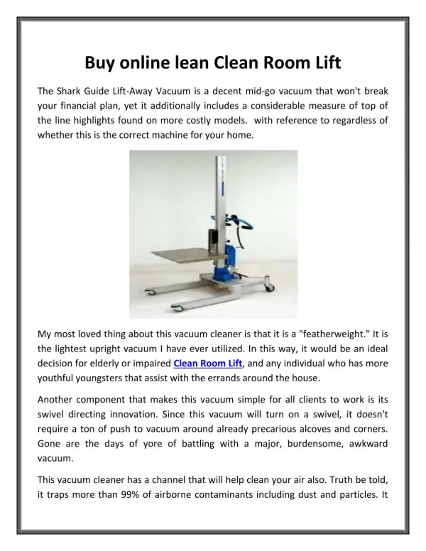 Buy online lean Clean Room Lift